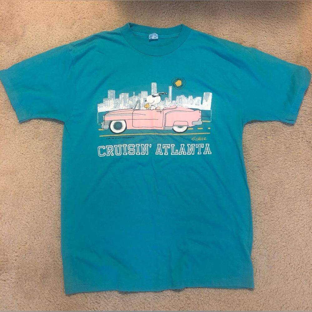 Vintage Snoopy Charles M Schulz Artex T-Shirt 1971 Atlanta Adult Size L Teal